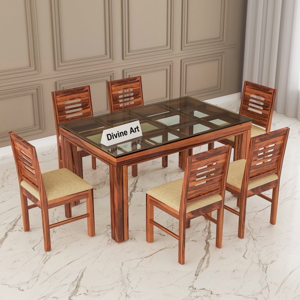 Orvyn 6 Seater Round Solid Wood Glass Top Dining Table Set