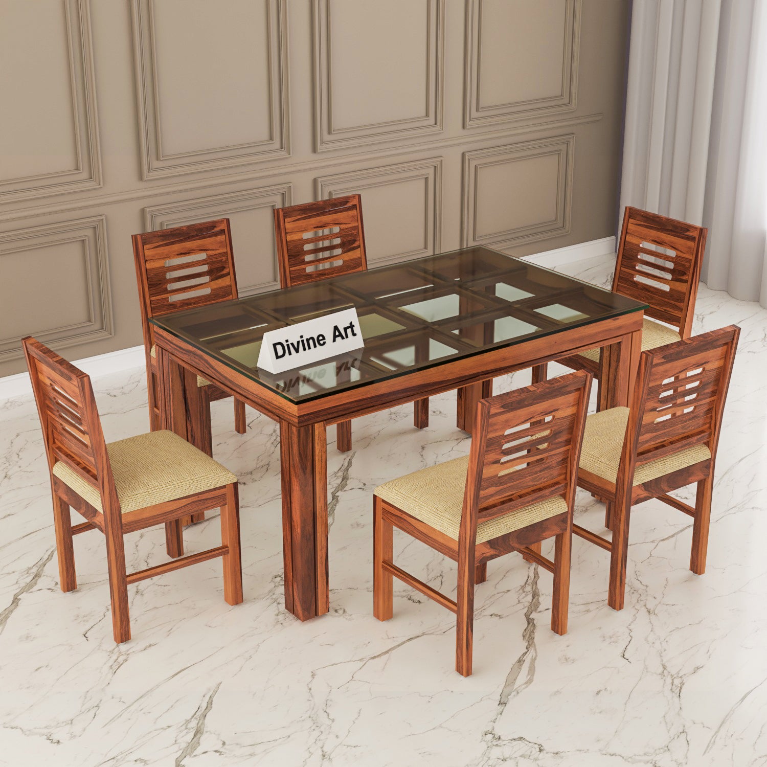 Orvyn 6 Seater Round Solid Wood Glass Top Dining Table Set
