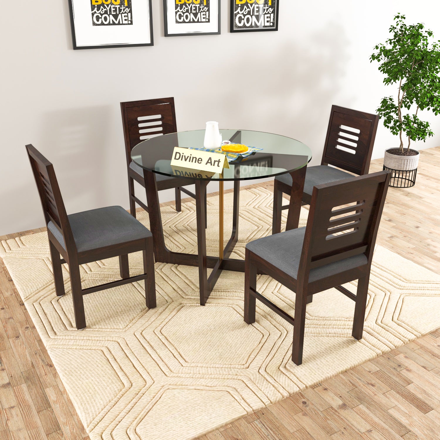 Aerith 4 Seater Round Solid Wood Glass Top Dining Table Set