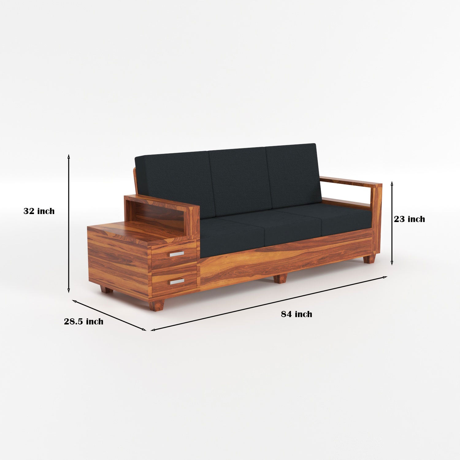 Luneth Sheesham Wood 3 Seater Sofa with Side Box Drawer | Natural Finish