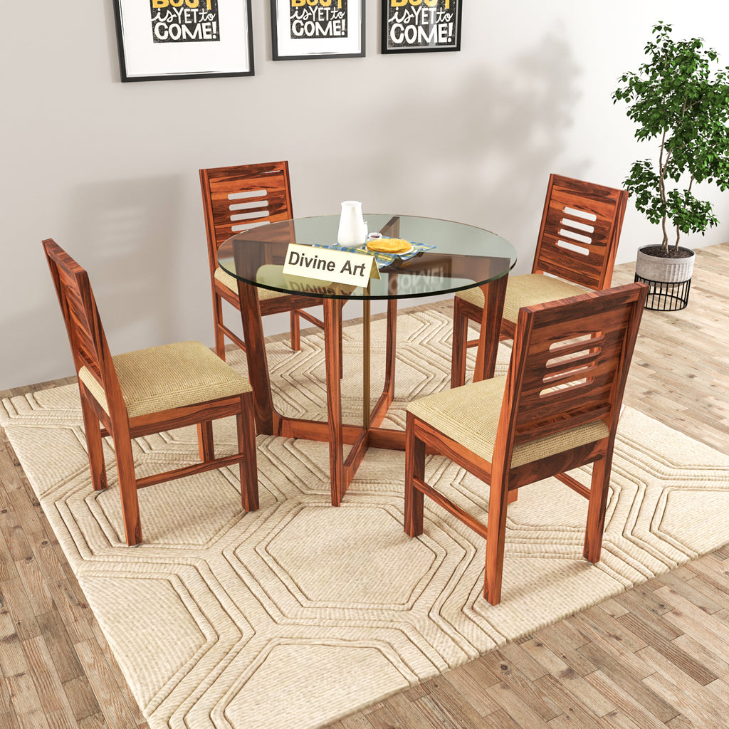 Aerith 4 Seater Round Solid Wood Glass Top Dining Table Set