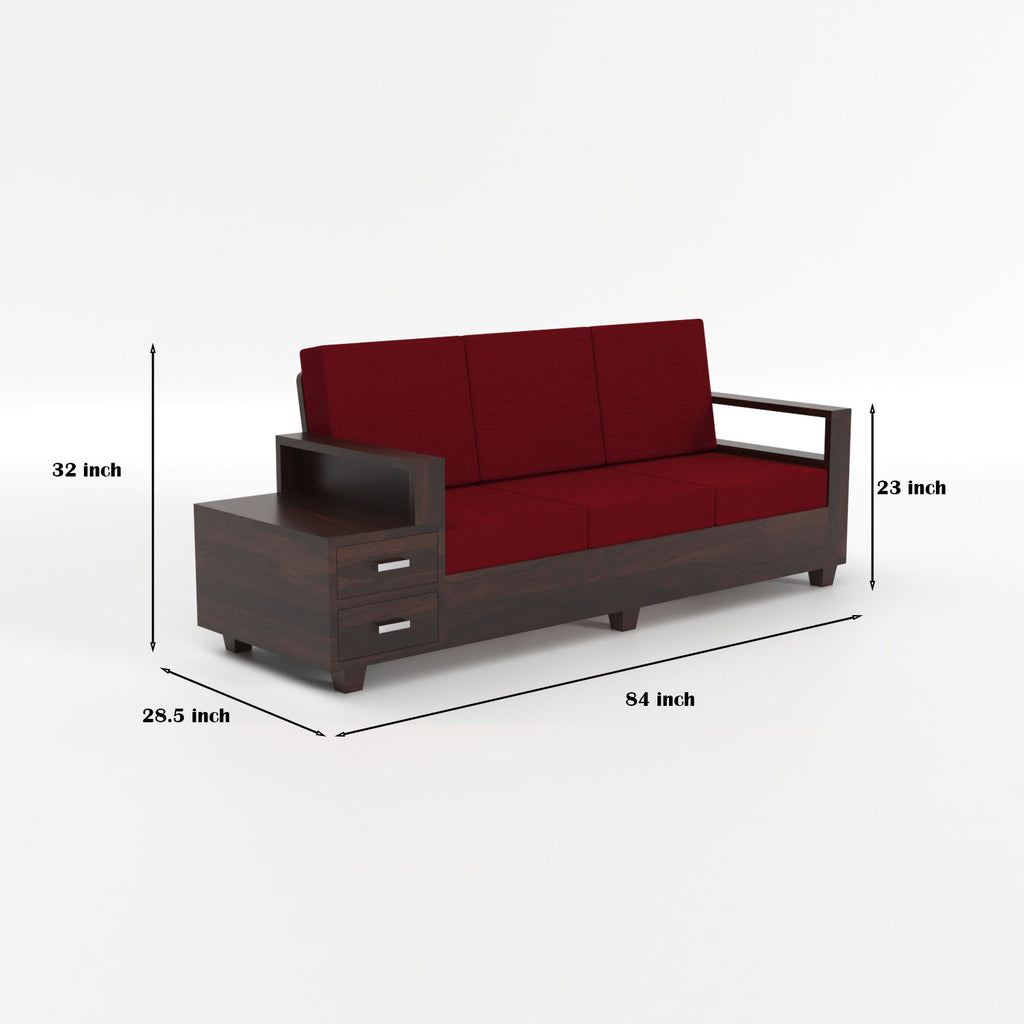 Luneth Sheesham Wood 3 Seater Sofa with Side Box Drawer | Walnut Finish