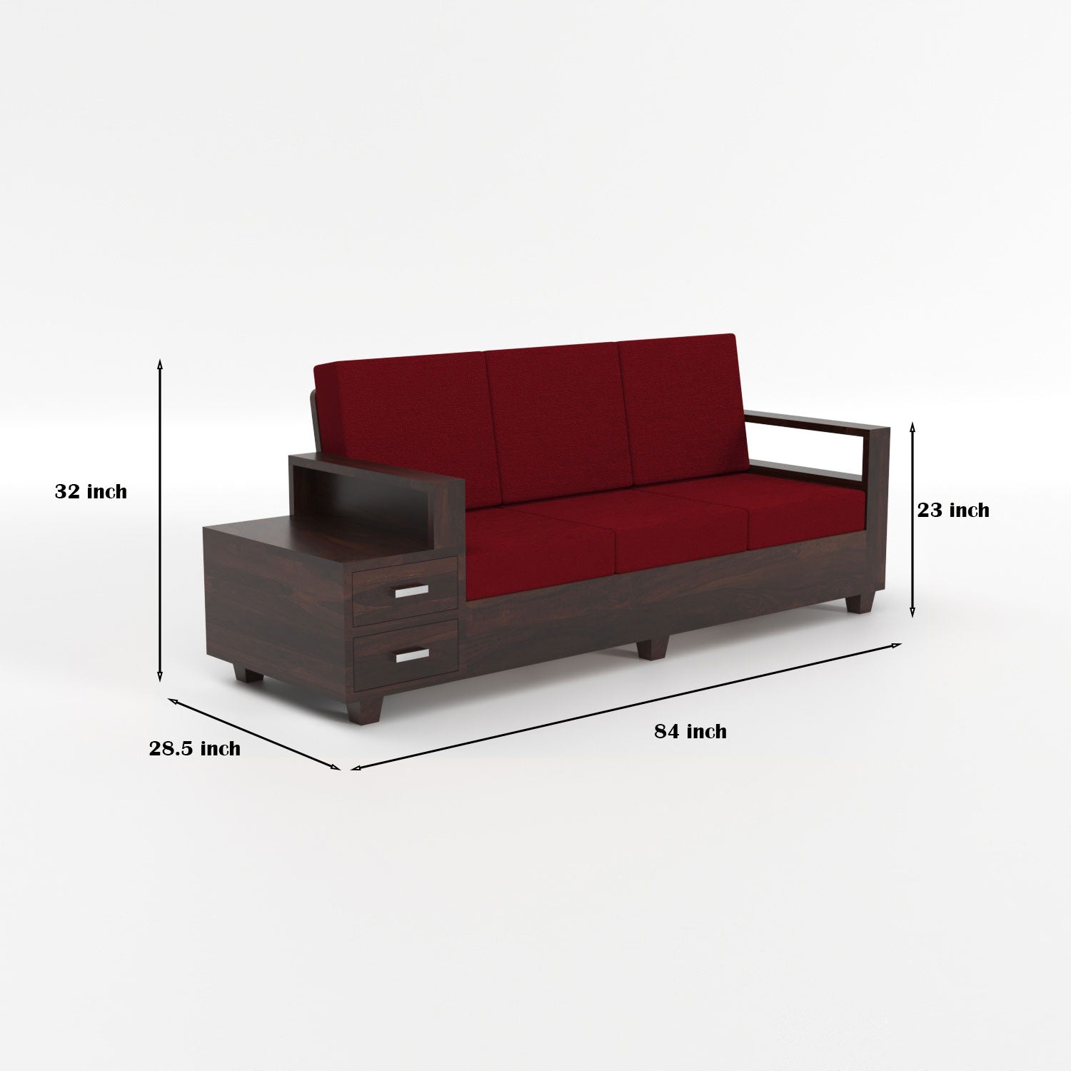Luneth Sheesham Wood 3 Seater Sofa with Side Box Drawer | Walnut Finish