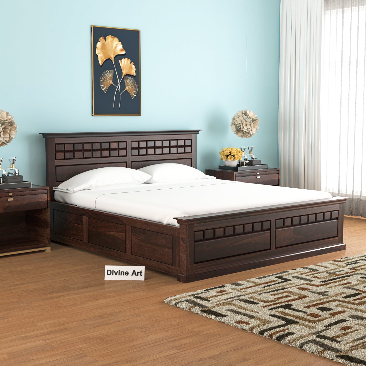 Arvion Solid Sheesham Wood Queen Bed with Storage