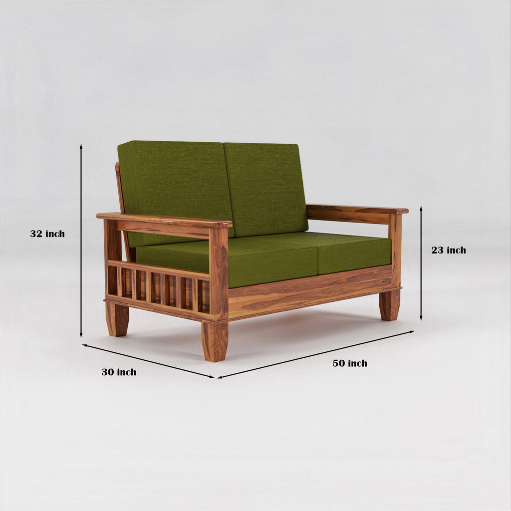 Solid Sheesham Wood 2 Seater Sofa with Blue Upholstery – Natural Finish