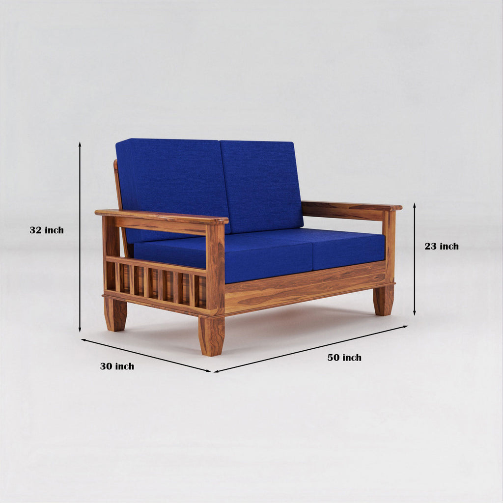 Solid Sheesham Wood 2 Seater Sofa with Blue Upholstery – Natural Finish
