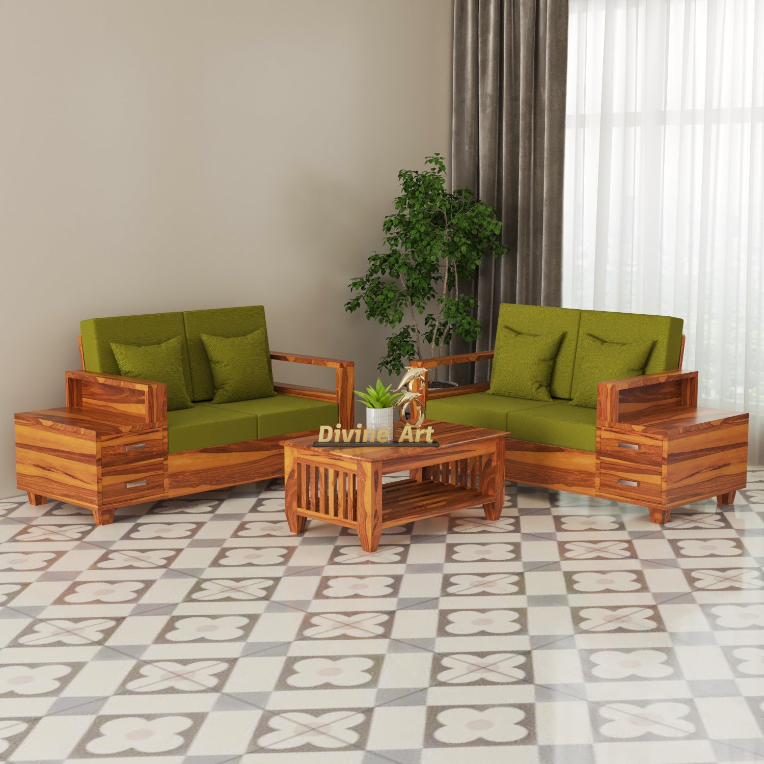 Solid Sheesham Wood 4 Seater Sofa with Side Storage – Natural Finish