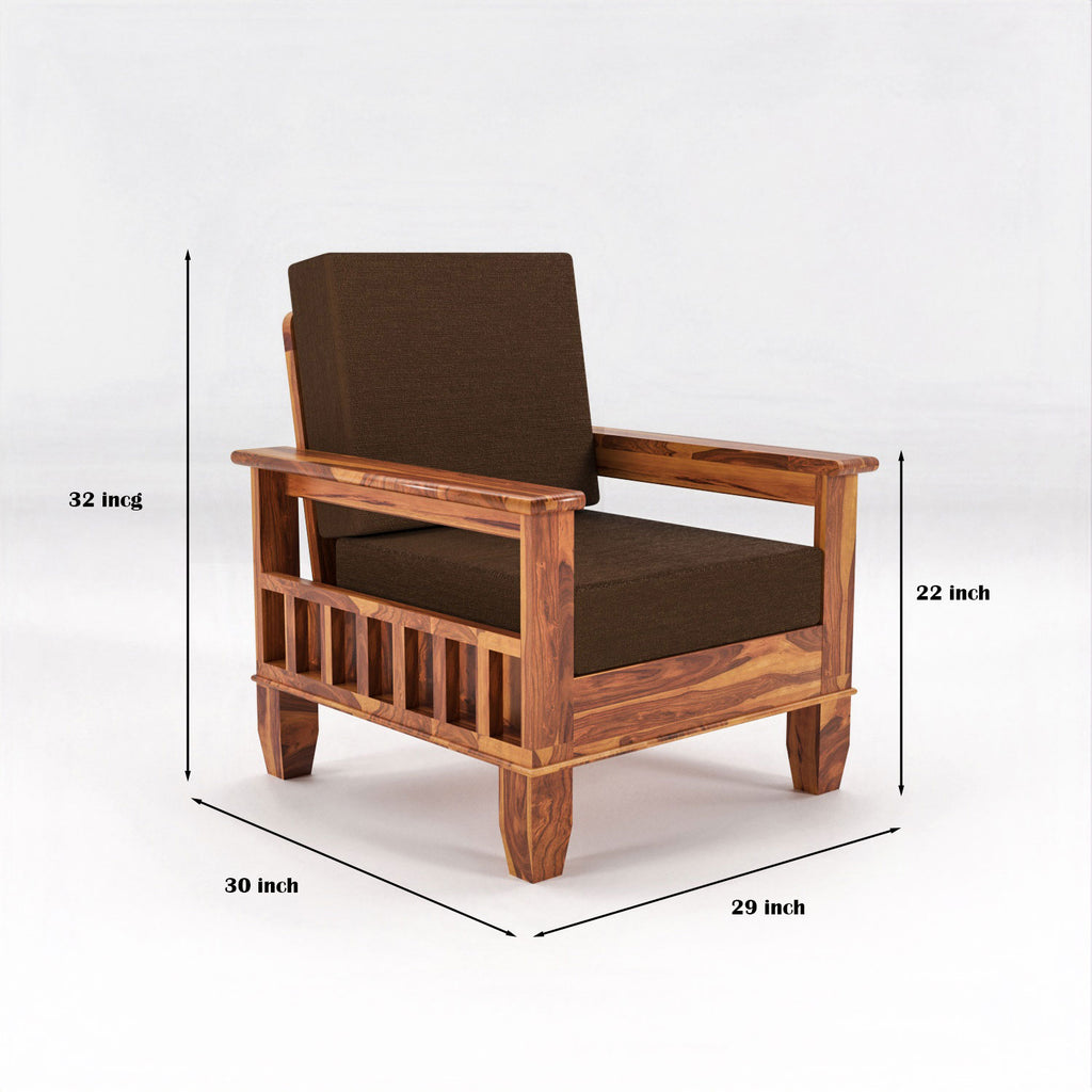 Solid Sheesham Wood Single Seater Sofa Chair with Blue Upholstery – Natural Finish