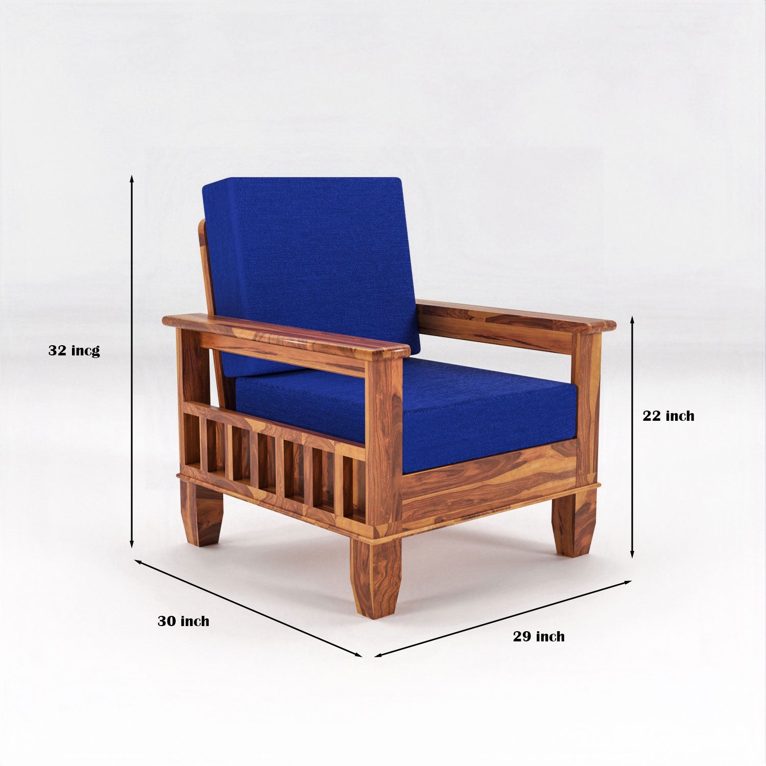 Solid Sheesham Wood Single Seater Sofa Chair with Blue Upholstery – Natural Finish