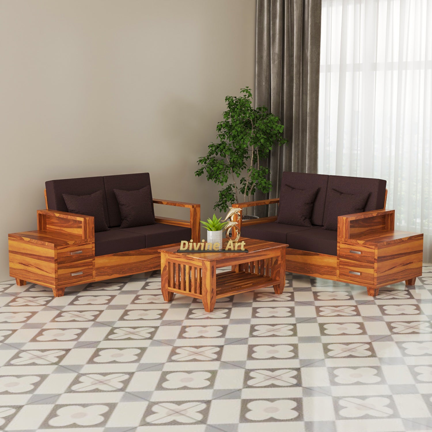 Solid Sheesham Wood 4 Seater Sofa with Side Storage – Natural Finish