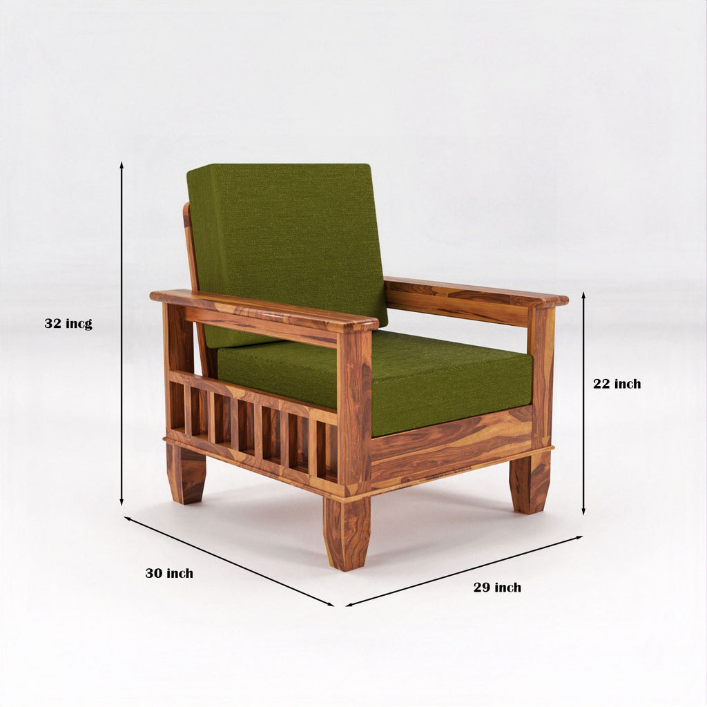 Solid Sheesham Wood Single Seater Sofa Chair with Blue Upholstery – Natural Finish