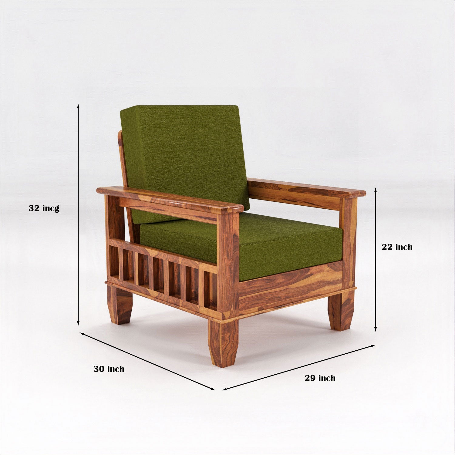 Solid Sheesham Wood Single Seater Sofa Chair with Blue Upholstery – Natural Finish