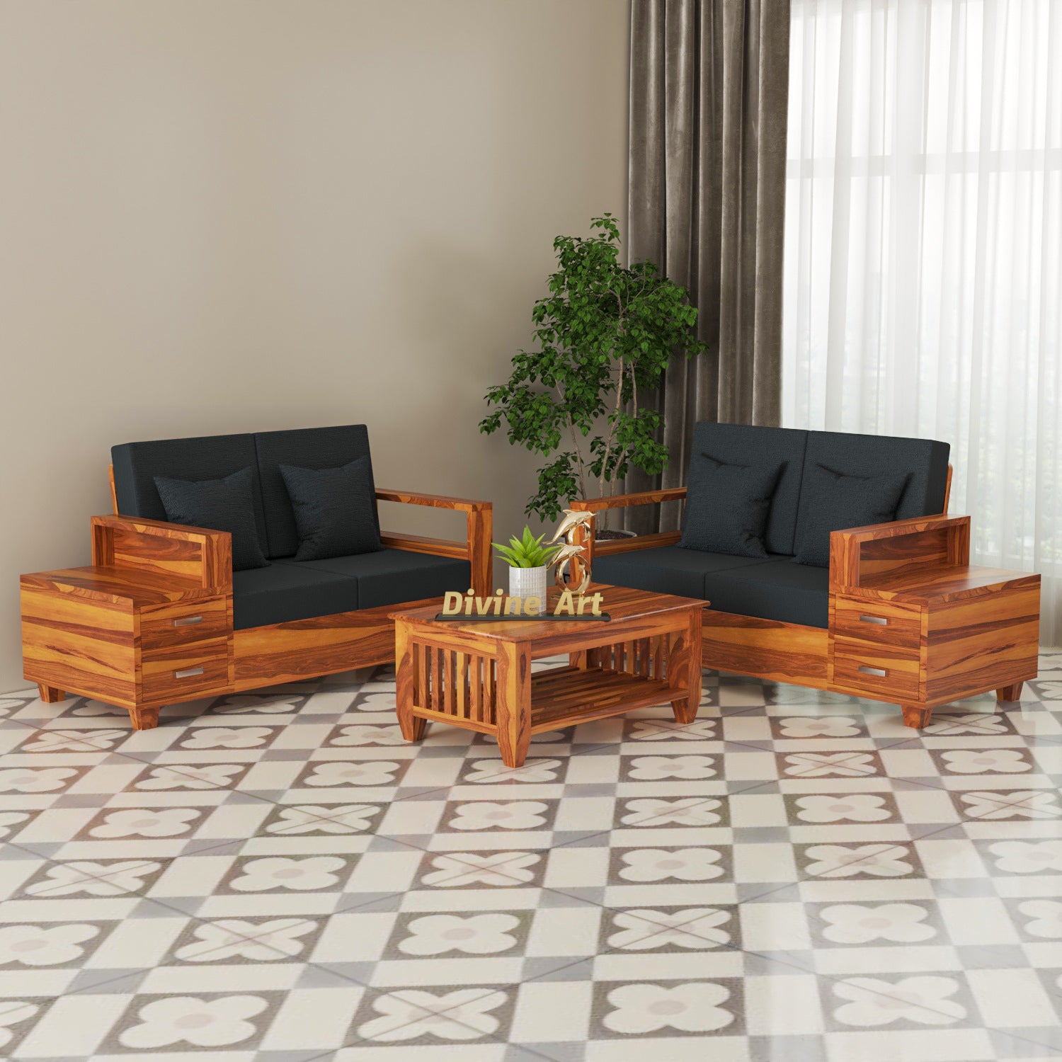 Solid Sheesham Wood 4 Seater Sofa with Side Storage – Natural Finish