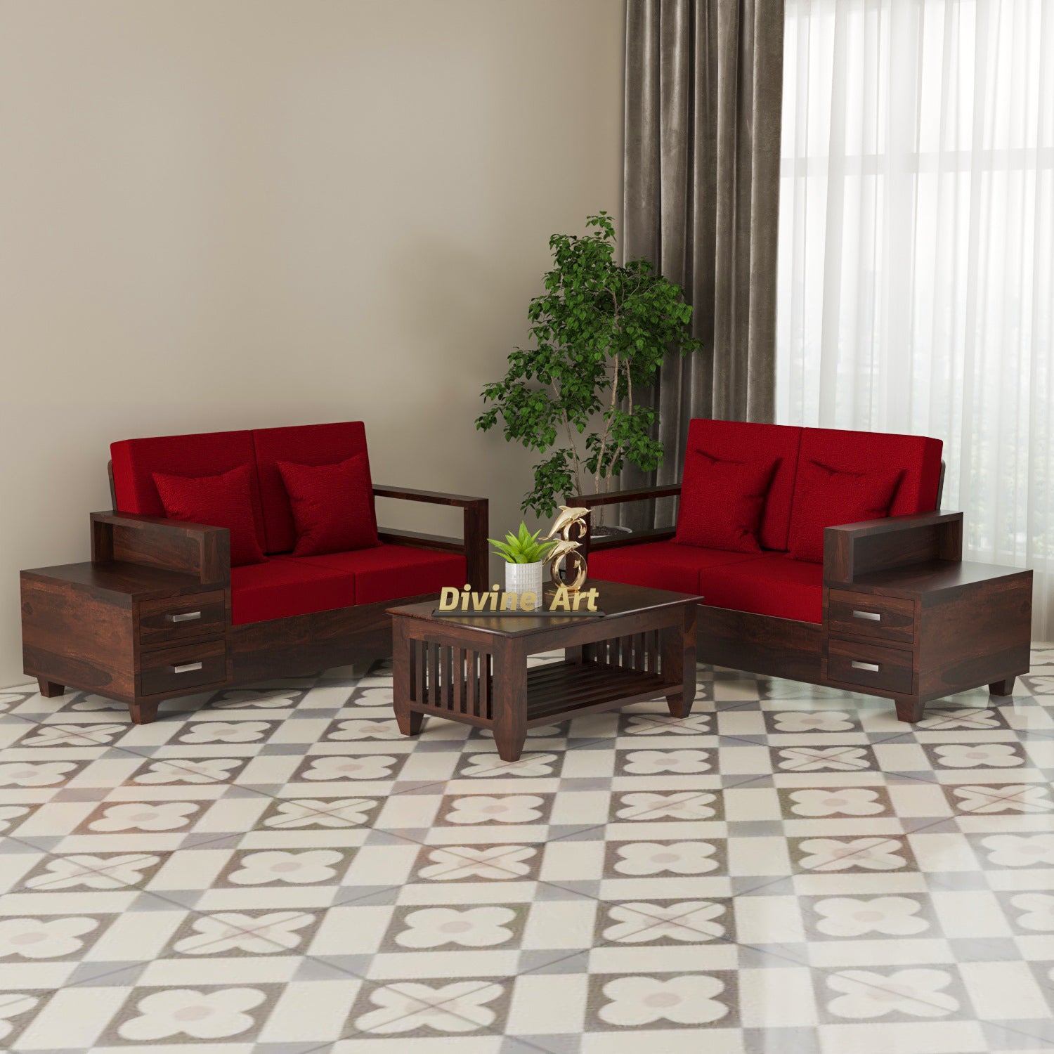 Solid Sheesham Wood 4 Seater Sofa with Side Storage – Walnut Finish