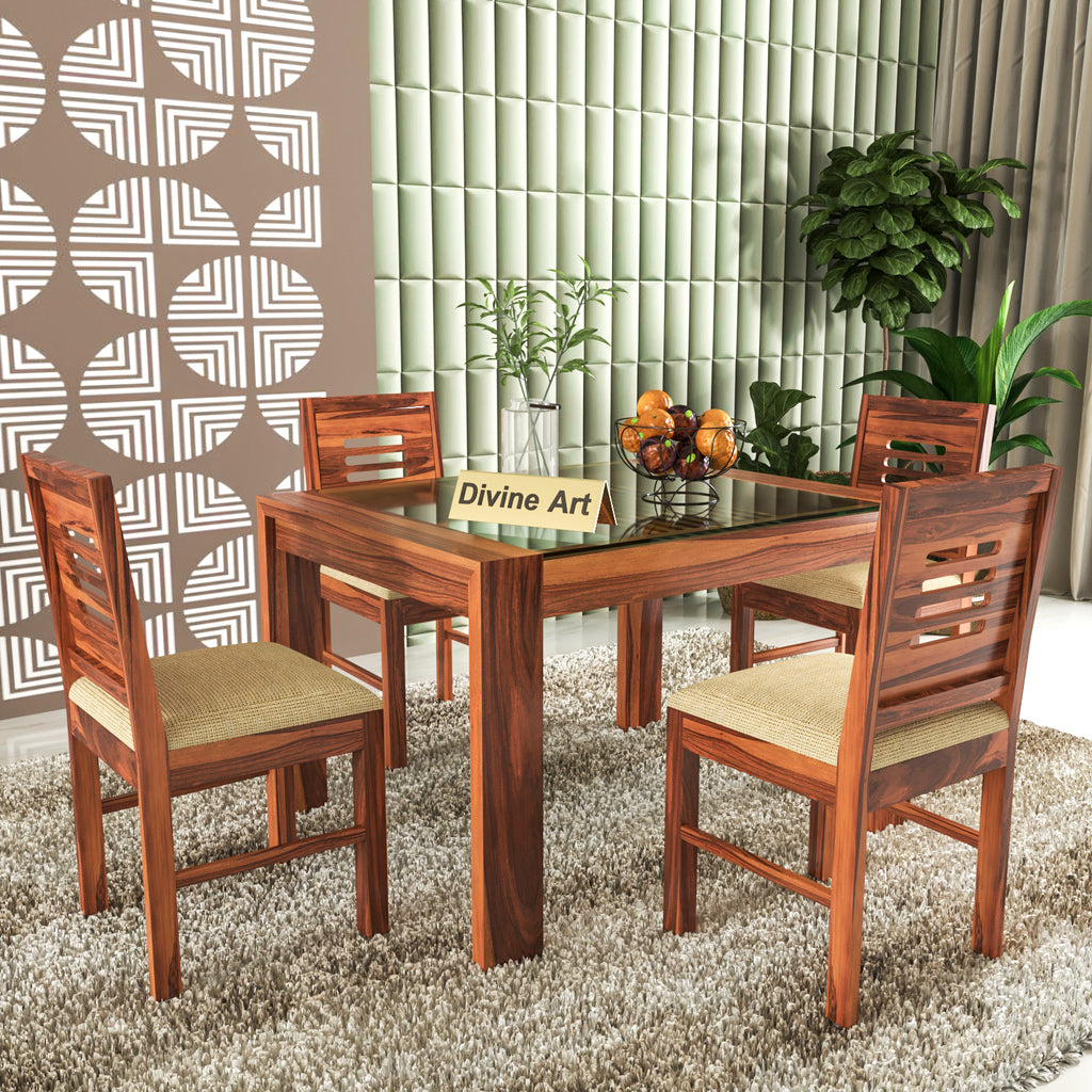 Arvion 4 Seater Round Solid Wood Glass Top Dining Table Set