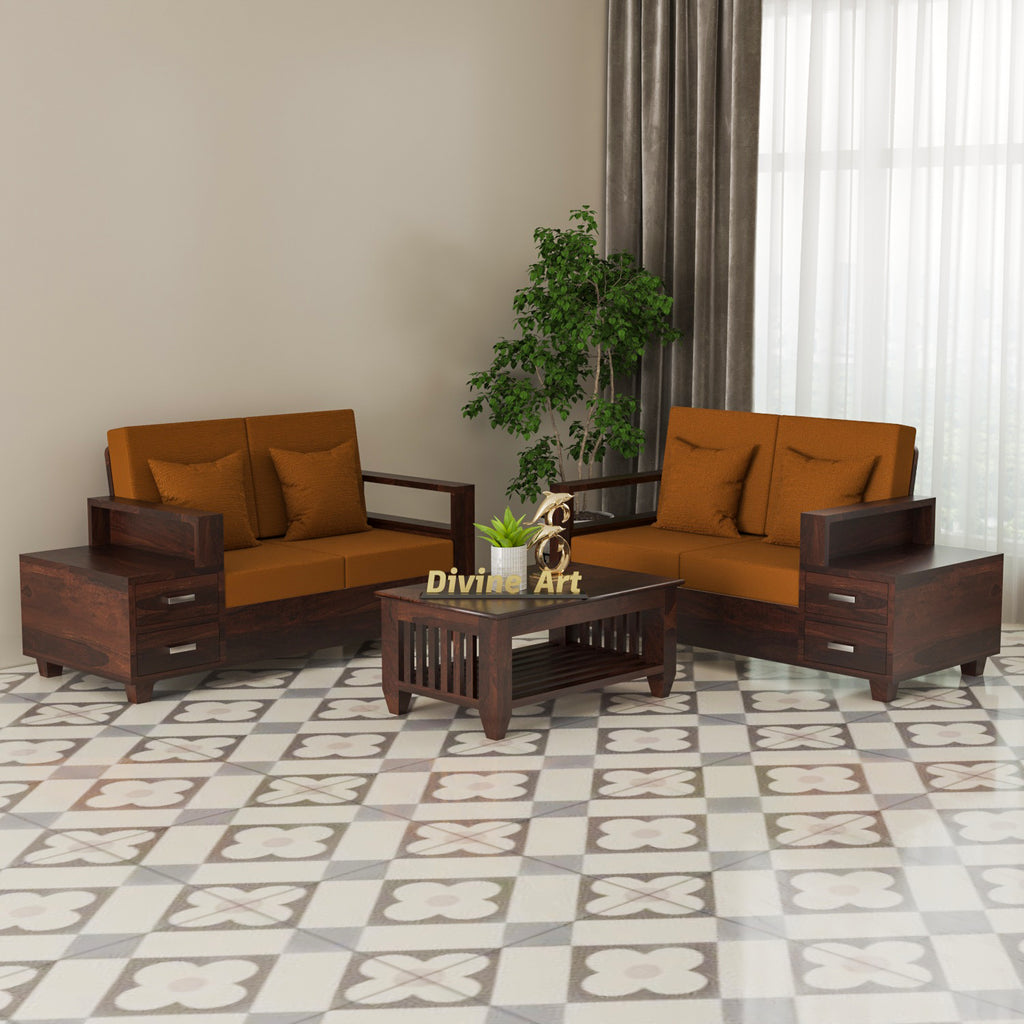 Solid Sheesham Wood 4 Seater Sofa with Side Storage – Walnut Finish
