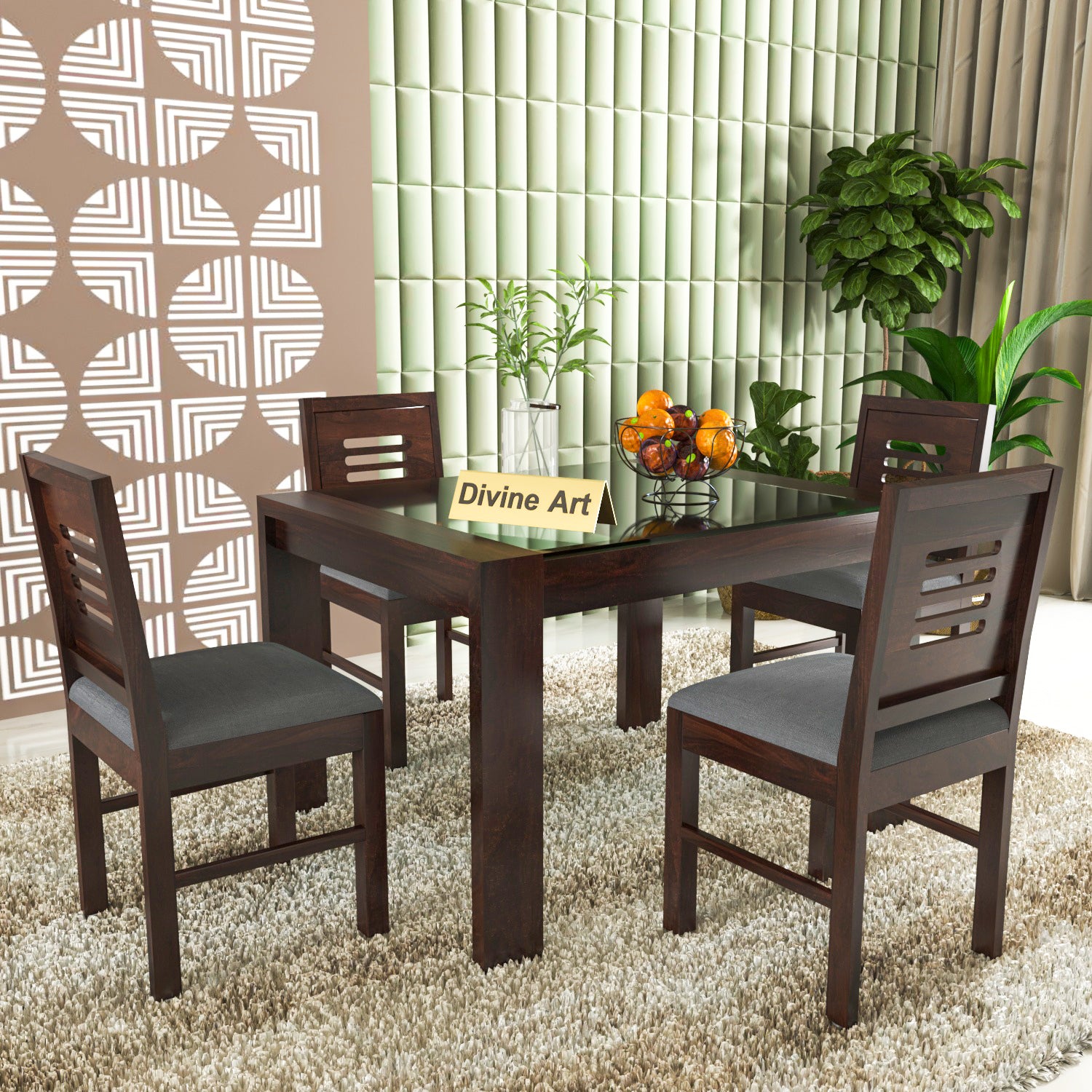 Arvion 4 Seater Round Solid Wood Glass Top Dining Table Set