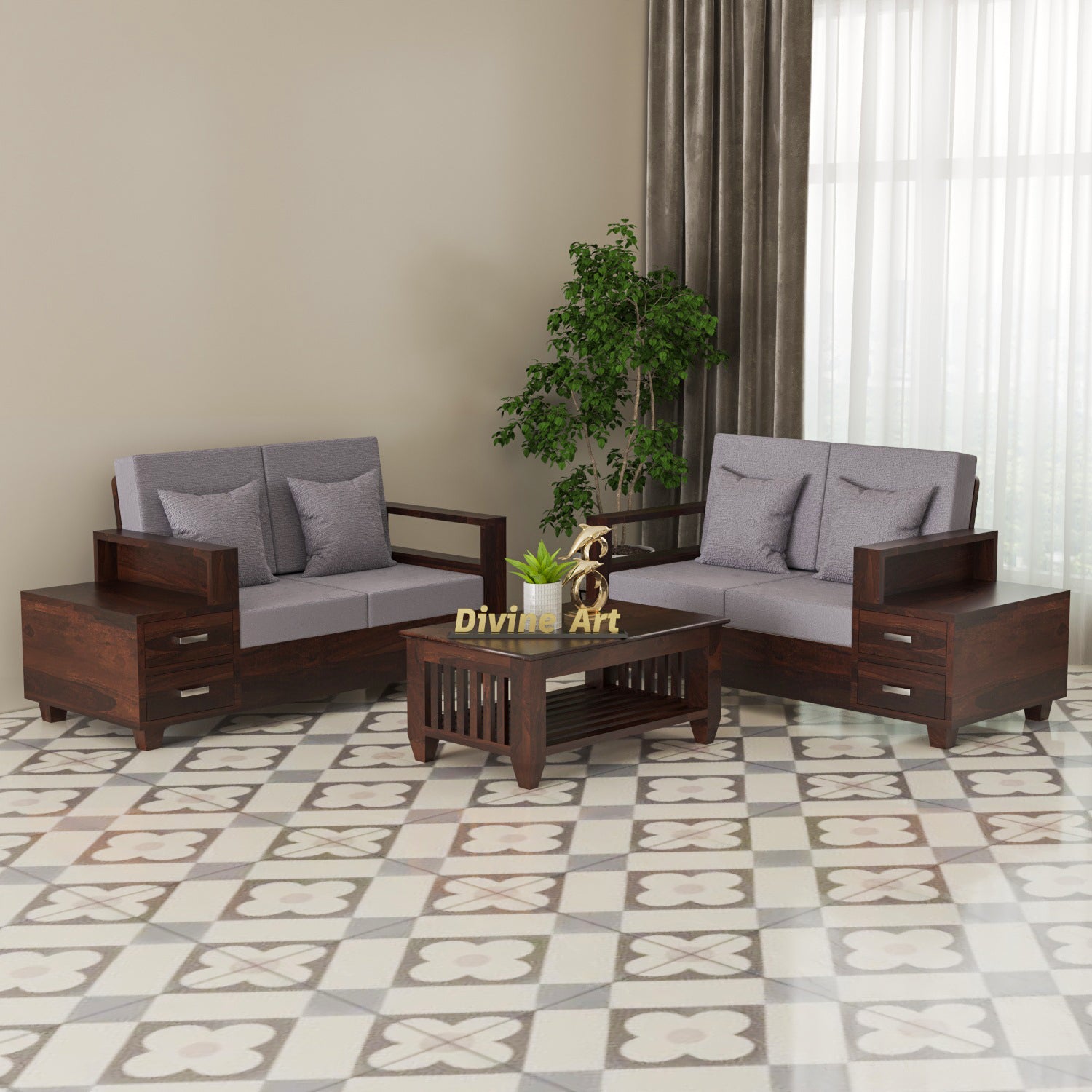 Solid Sheesham Wood 4 Seater Sofa with Side Storage – Walnut Finish