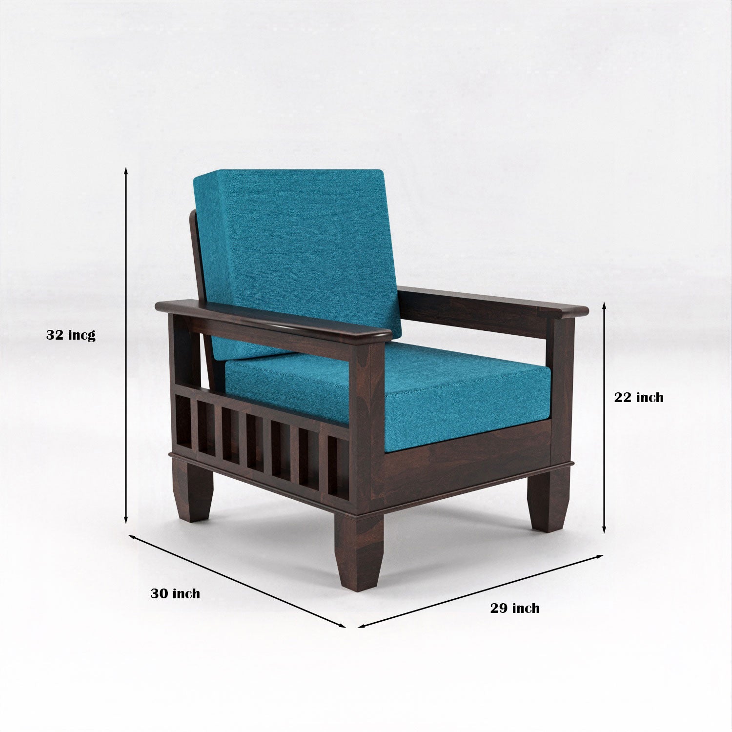 Solid Sheesham Wood Single Seater Sofa Chair with Teal Upholstery – Walnut Finish