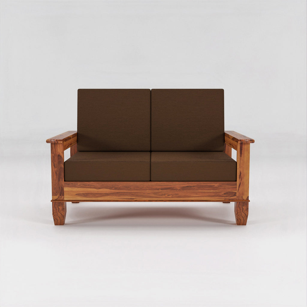 Solid Sheesham Wood 2 Seater Sofa with Blue Upholstery – Natural Finish