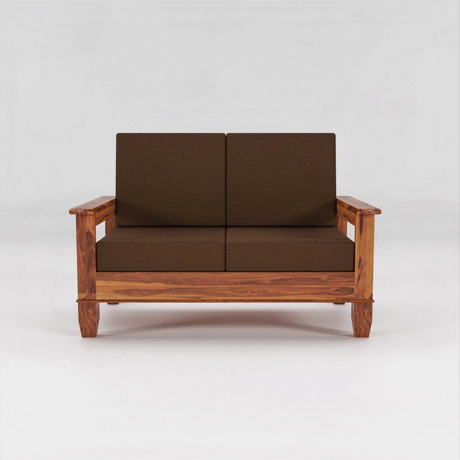 Solid Sheesham Wood 2 Seater Sofa with Blue Upholstery – Natural Finish