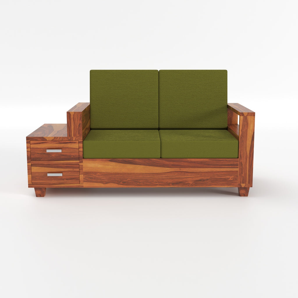Lunaris Sheesham Wood 2 Seater Sofa with Side Box Drawer | Natural Finish