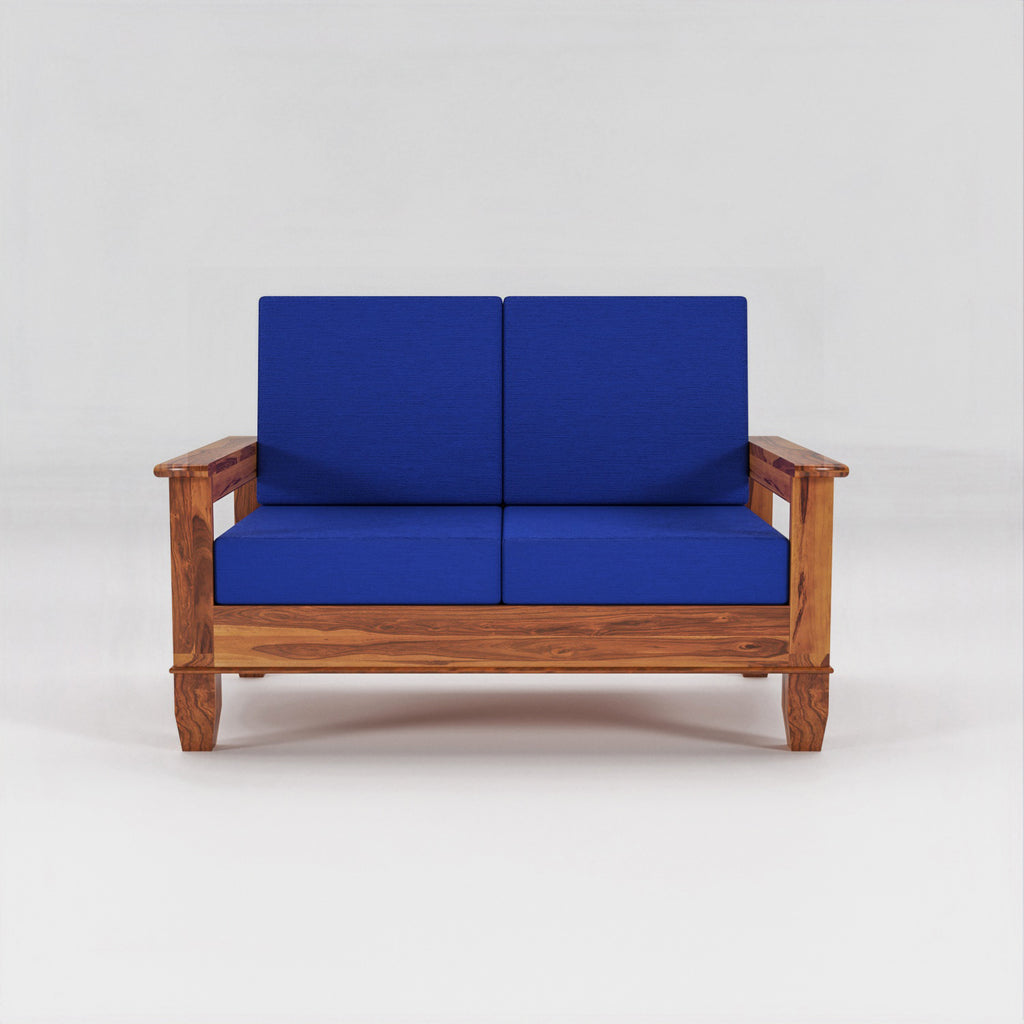 Solid Sheesham Wood 2 Seater Sofa with Blue Upholstery – Natural Finish