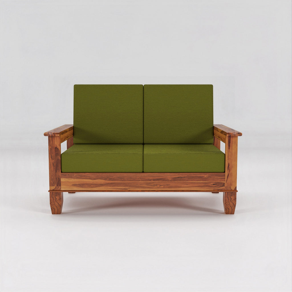 Solid Sheesham Wood 2 Seater Sofa with Blue Upholstery – Natural Finish