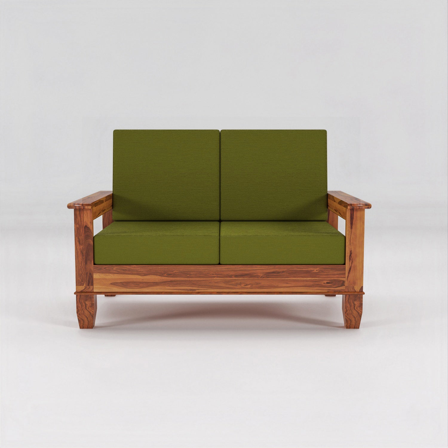Solid Sheesham Wood 2 Seater Sofa with Blue Upholstery – Natural Finish