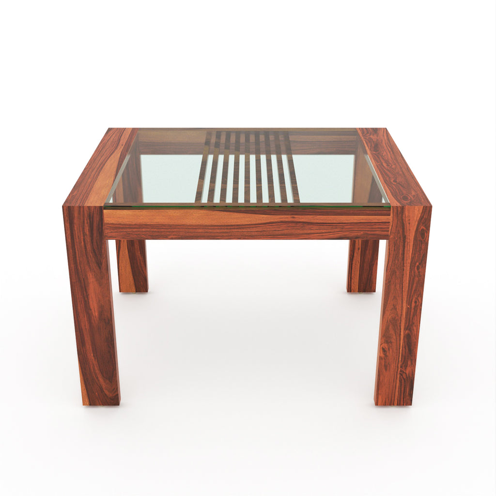 Arvion 4 Seater Round Solid Wood Glass Top Dining Table Set