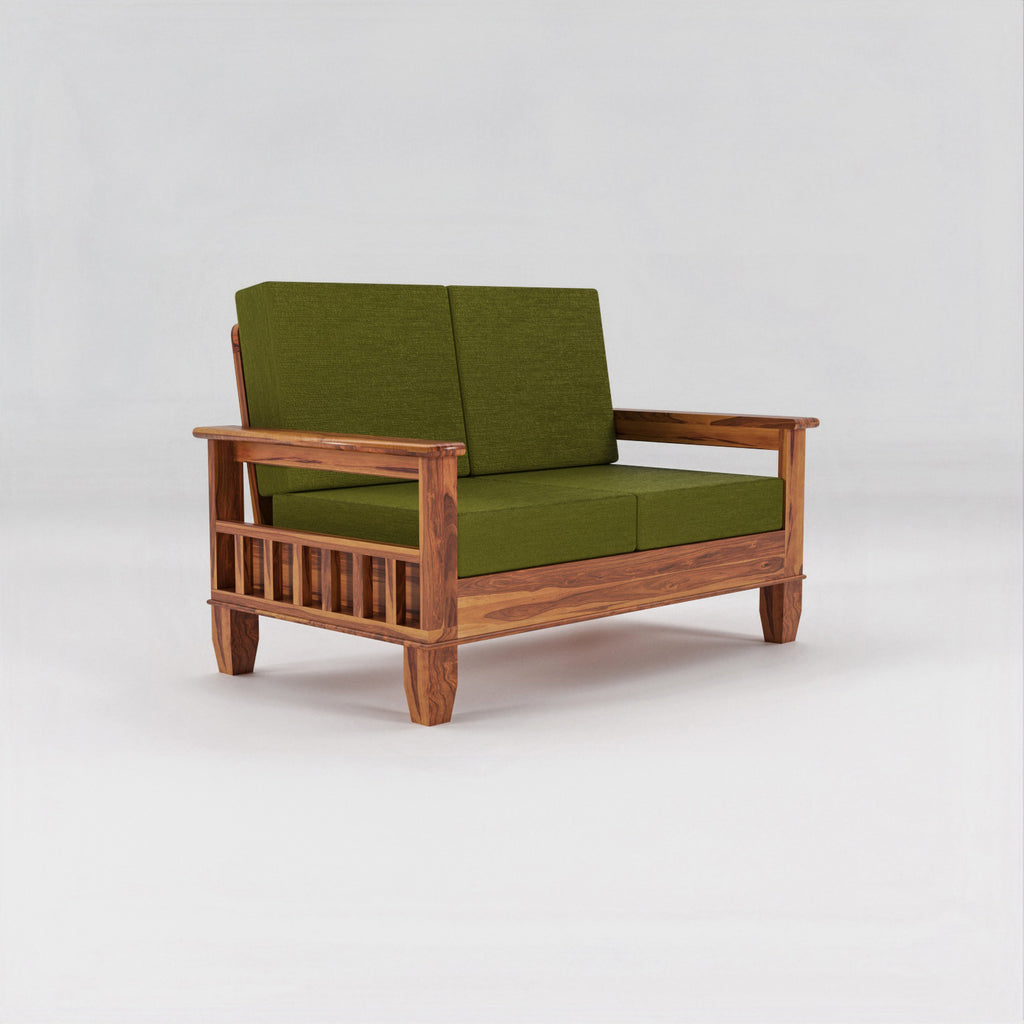 Solid Sheesham Wood 2 Seater Sofa with Blue Upholstery – Natural Finish