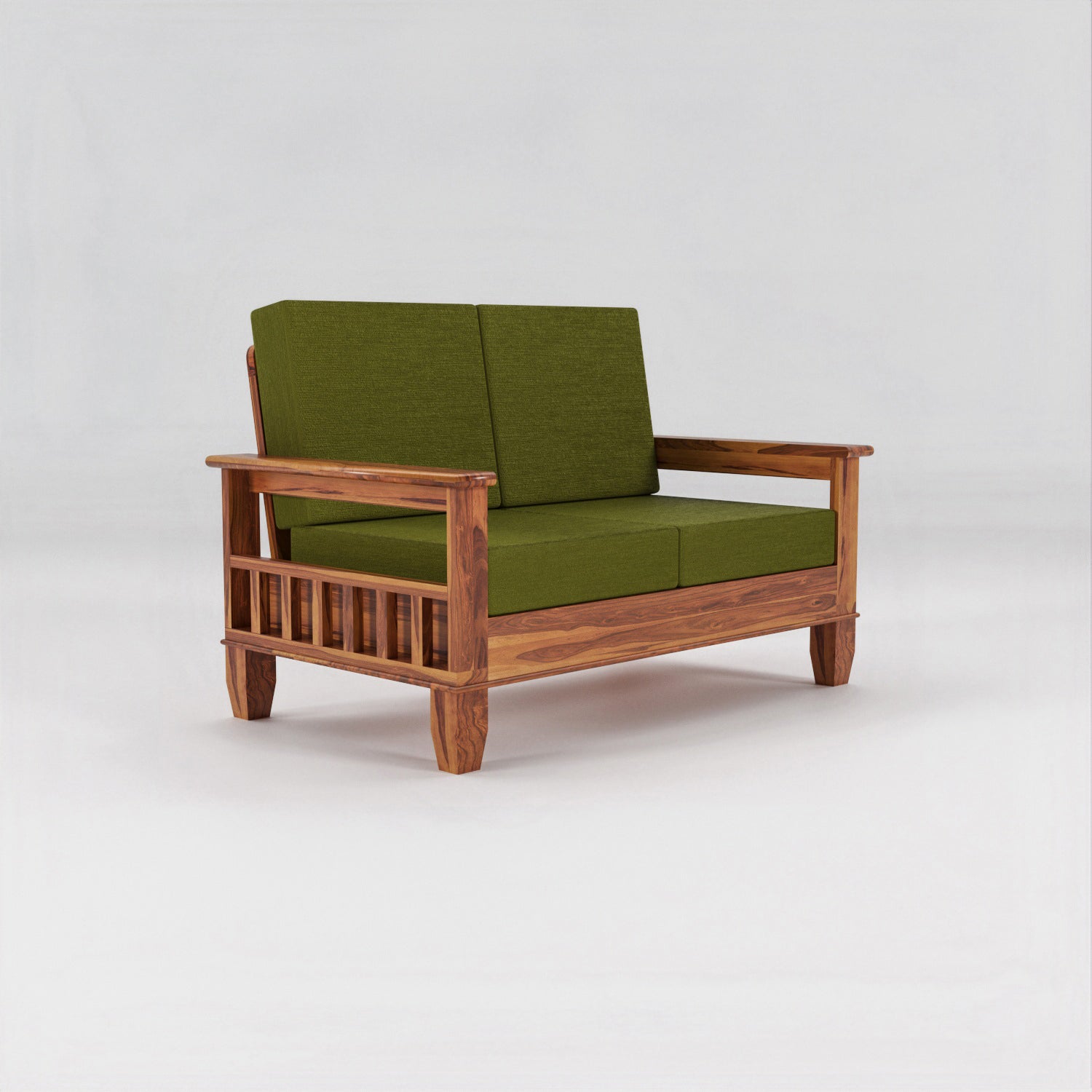 Solid Sheesham Wood 2 Seater Sofa with Blue Upholstery – Natural Finish
