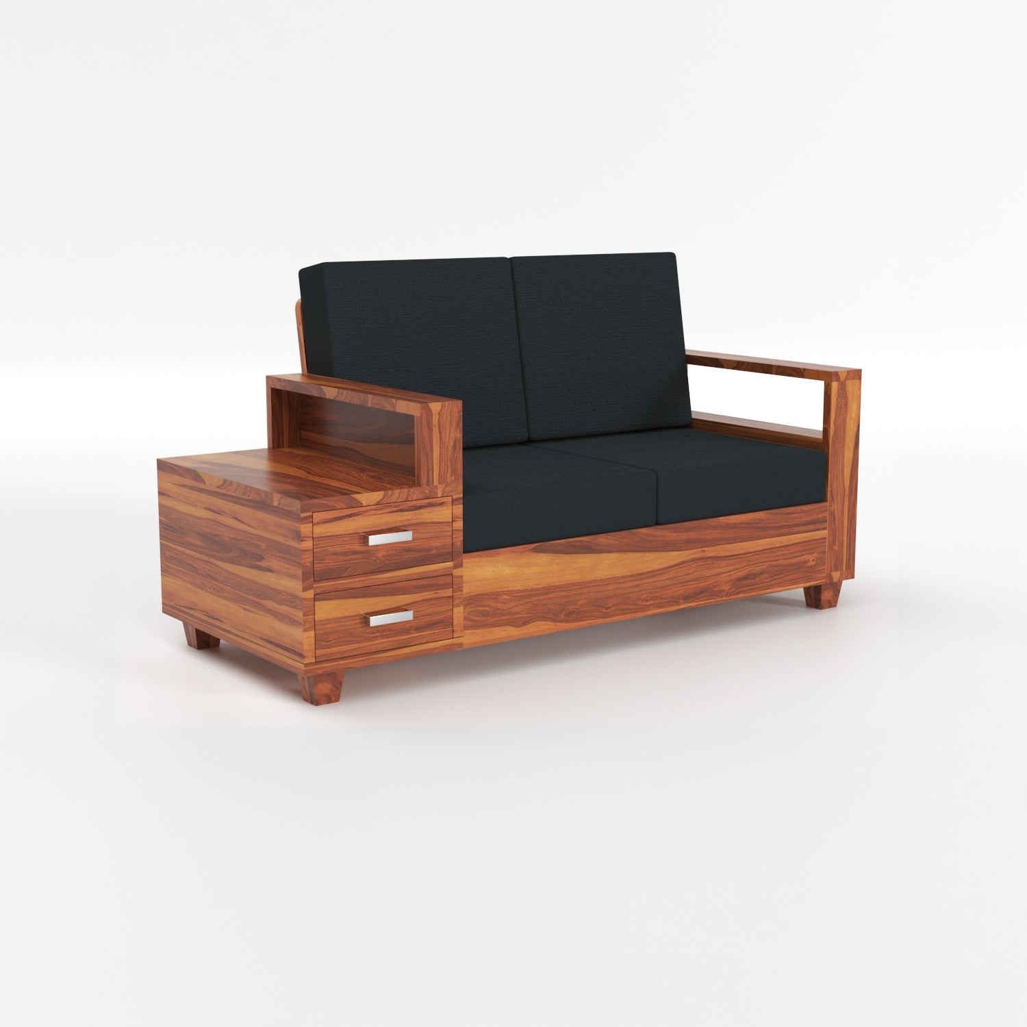 Solid Sheesham Wood 4 Seater Sofa with Side Storage – Natural Finish