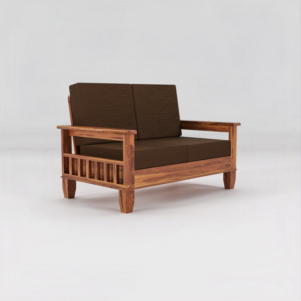 Solid Sheesham Wood 2 Seater Sofa with Blue Upholstery – Natural Finish