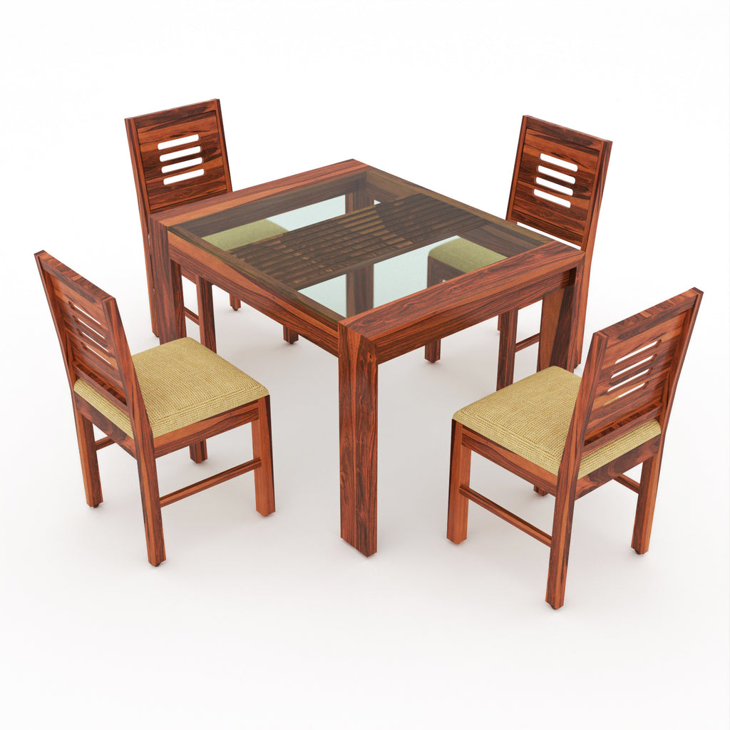 Arvion 4 Seater Round Solid Wood Glass Top Dining Table Set