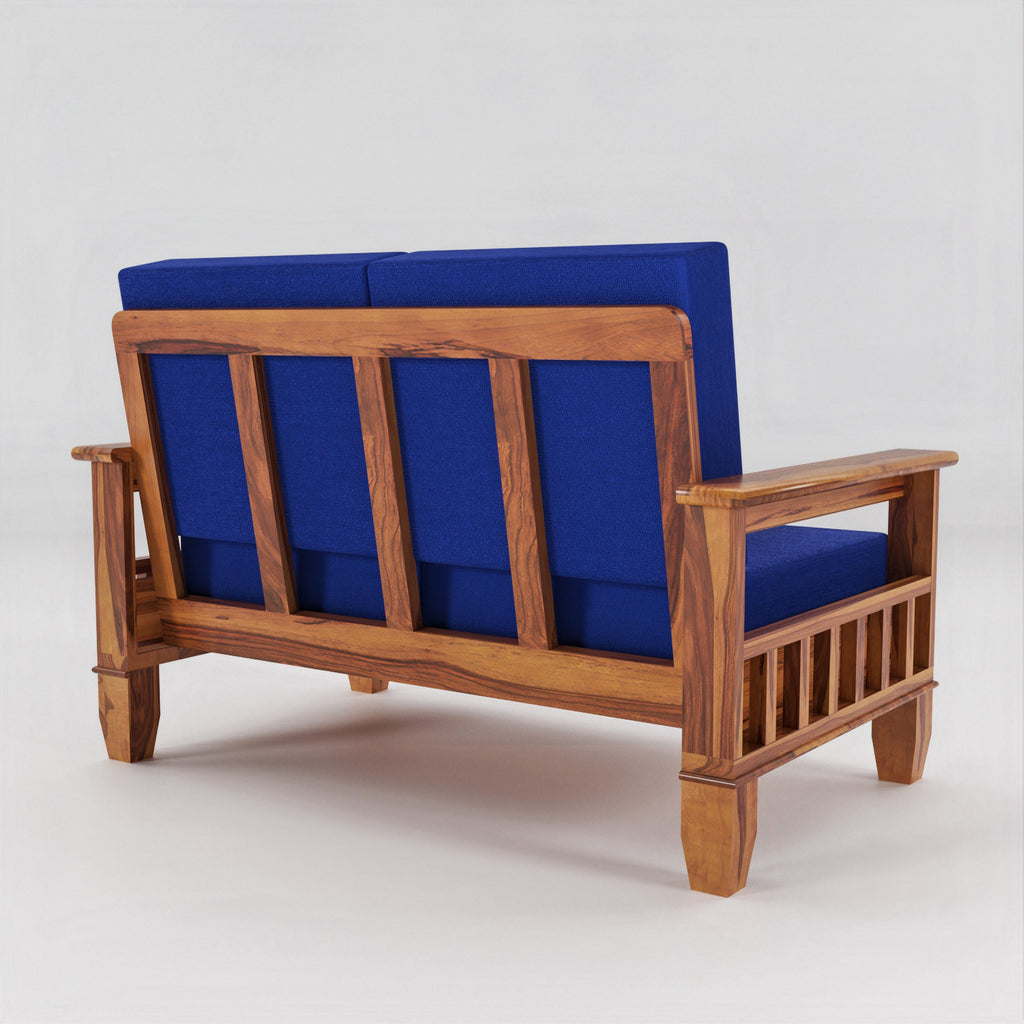Solid Sheesham Wood 2 Seater Sofa with Blue Upholstery – Natural Finish