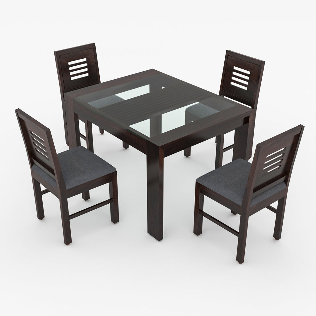 Arvion 4 Seater Round Solid Wood Glass Top Dining Table Set