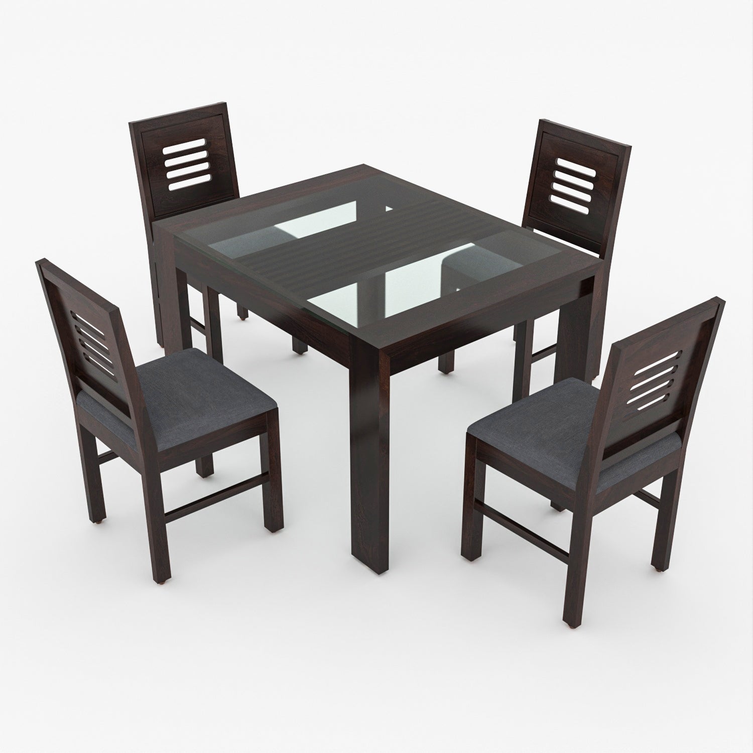 Arvion 4 Seater Round Solid Wood Glass Top Dining Table Set