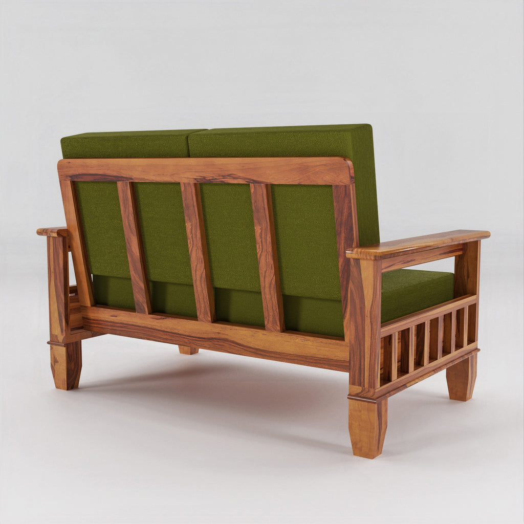 Solid Sheesham Wood 2 Seater Sofa with Blue Upholstery – Natural Finish