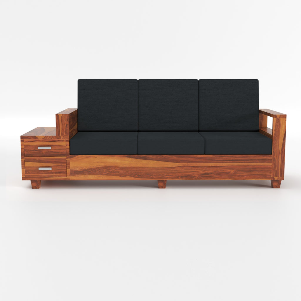 Luneth Sheesham Wood 3 Seater Sofa with Side Box Drawer | Natural Finish