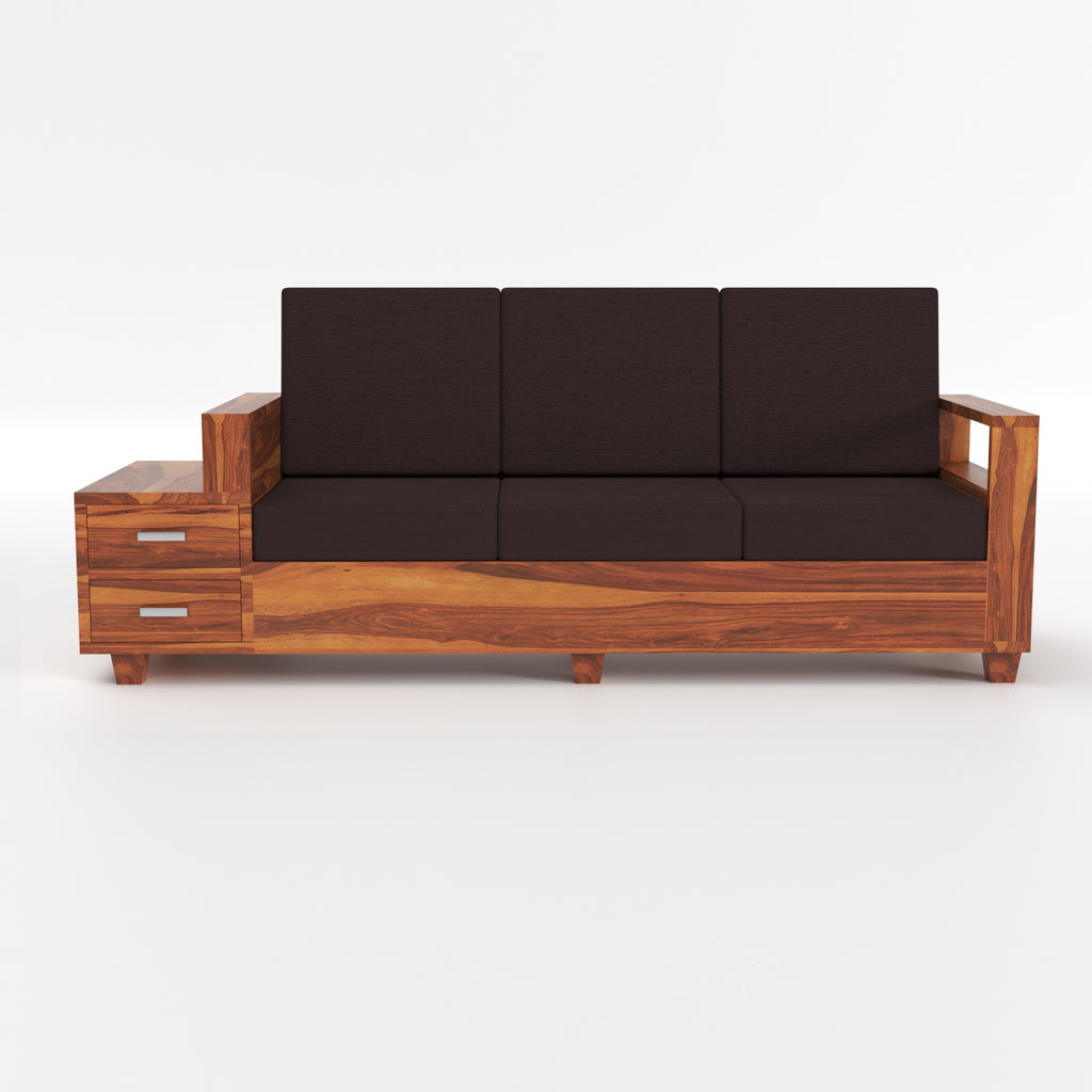Luneth Sheesham Wood 3 Seater Sofa with Side Box Drawer | Natural Finish