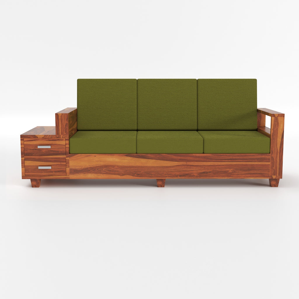 Luneth Sheesham Wood 3 Seater Sofa with Side Box Drawer | Natural Finish