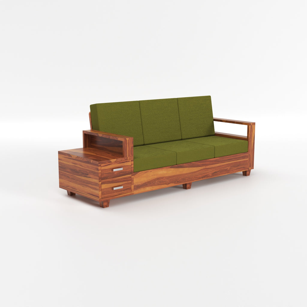 Luneth Sheesham Wood 3 Seater Sofa with Side Box Drawer | Natural Finish