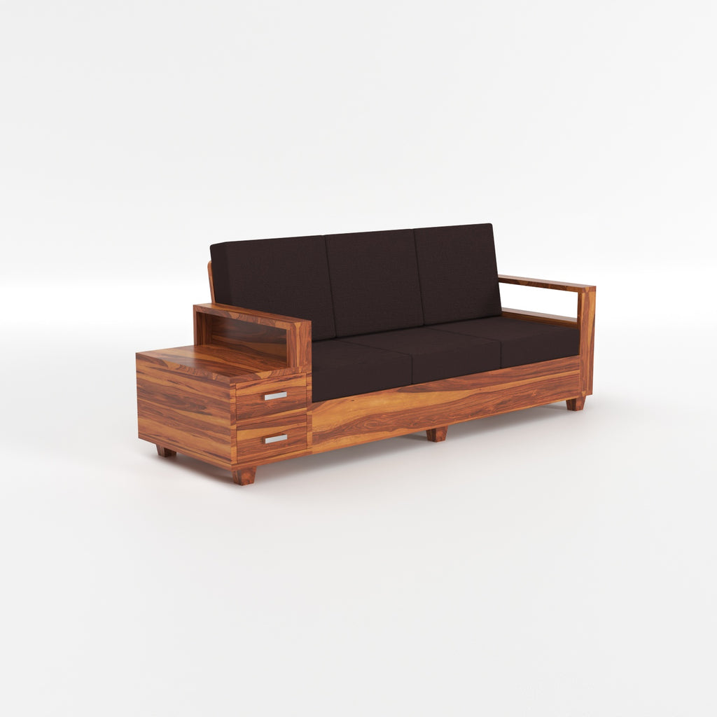 Luneth Sheesham Wood 3 Seater Sofa with Side Box Drawer | Natural Finish
