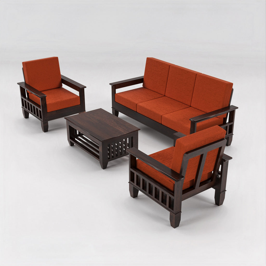 Premium Solid Sheesham Wood 5 Seater Wooden Sofa Set | Walnut Finish