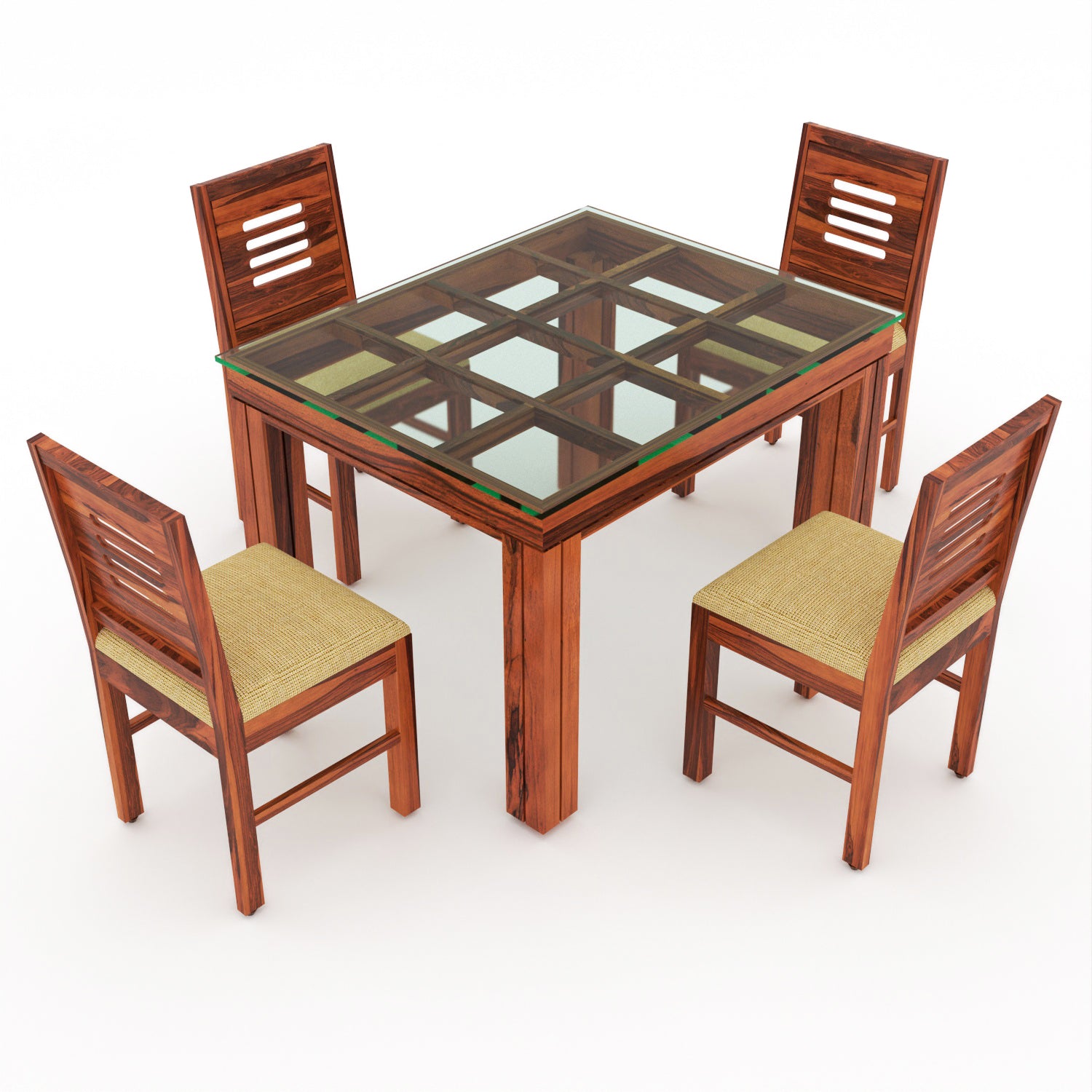 Auralis 4 Seater Round Solid Wood Glass Top Dining Table Set