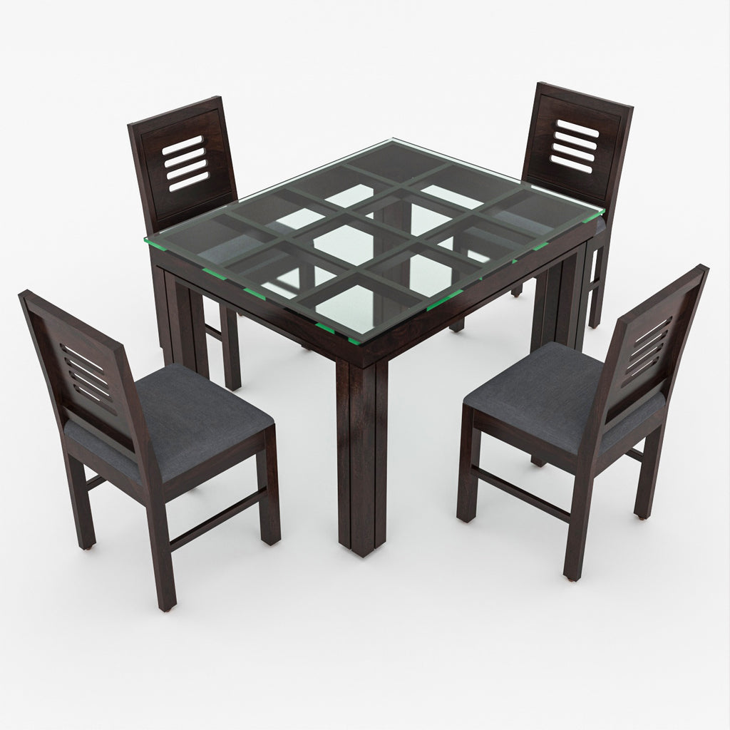 Auralis 4 Seater Round Solid Wood Glass Top Dining Table Set