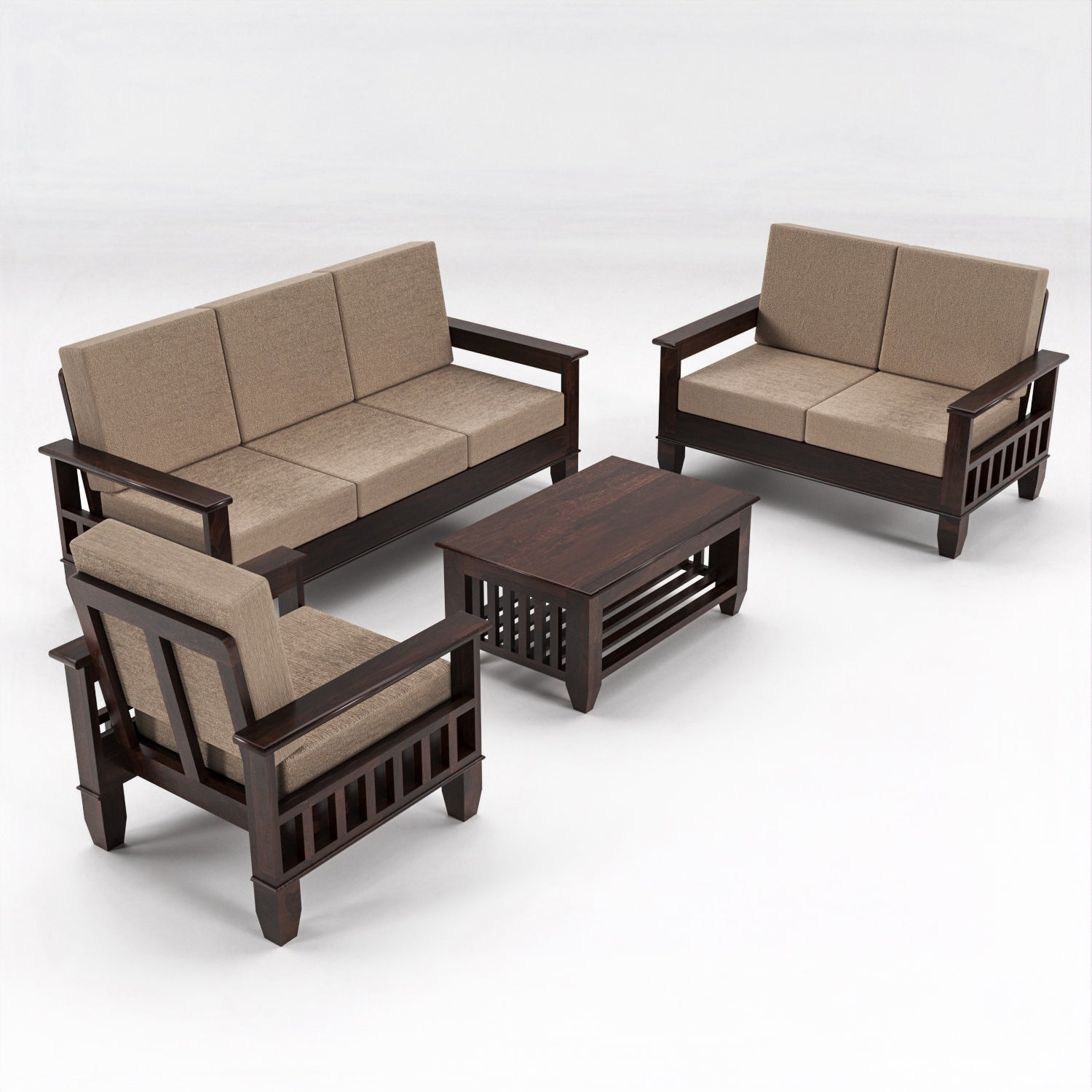 7 Seater Solid Sheesham Wood Sofa Set For Living Room | Walnut Finish