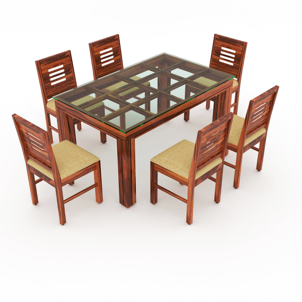 Orvyn 6 Seater Round Solid Wood Glass Top Dining Table Set