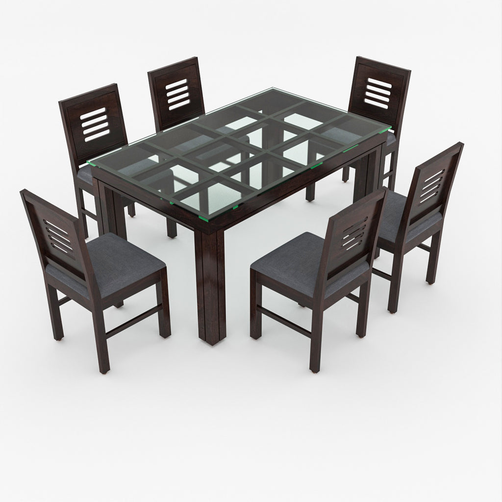 Orvyn 6 Seater Round Solid Wood Glass Top Dining Table Set